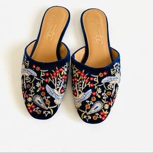 Nanette Lepore Navy Embroidered Velvet Slip-On Mules with Red Accents